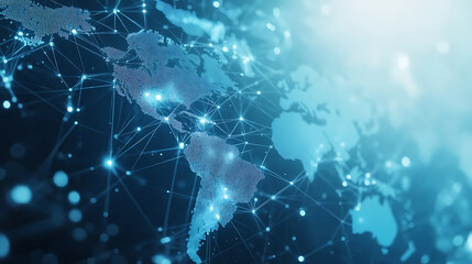 Leinwandbilder - A light blue background with a digital world map and global network connections, representing the concept of international business or connectivity