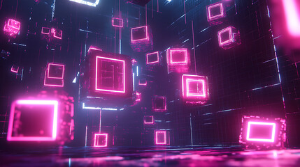 Poster - Digital art of glowing neon data points and pixelated code blocks floating in the air, representing digital innovation for virtual events and future technology use cases visualizations