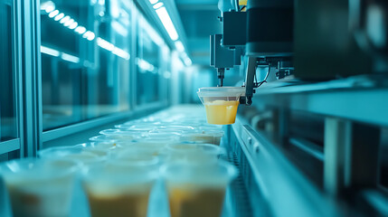 Aufkleber - An automated industrial machine for plastic packaging is shown under a light effect, focusing on the automated packaging line for products and food in a light blue scene