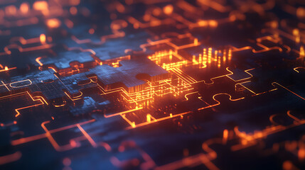 Leinwandbilder - Digital representation of API integration concept with interlocking puzzle pieces against a futuristic tech, inspired abstract background, symbolizing connectivity and interoperability