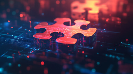 Fototapete - Digital representation of API integration concept with interlocking puzzle pieces against a futuristic tech, inspired abstract background, symbolizing connectivity and interoperability
