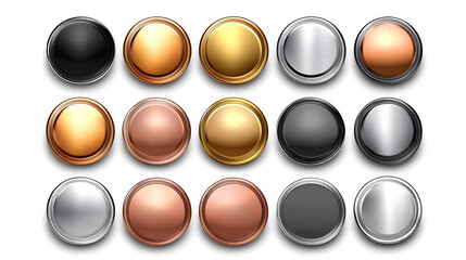 A set of metal chrome circle buttons is presented in vector format, featuring metallic rose gold, bronze, silver, steel, holographic, and golden badges for diverse design applications