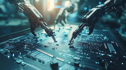 Poster - Automated robotic arms assembling components in a high, tech electronics manufacturing facility