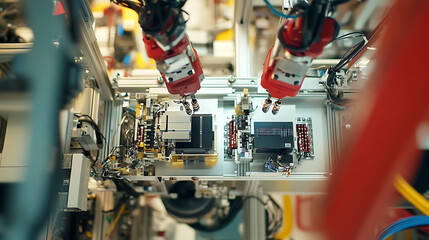 Leinwandbilder - Automated robotic arms assembling components in a high, tech electronics manufacturing facility