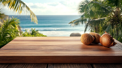 Poster - A wooden table with an ocean view and palm trees in the background, depicting a summer vacation concept, with copy space for displaying products in a montage