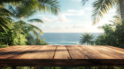 Poster - A wooden table with an ocean view and palm trees in the background, depicting a summer vacation concept, with copy space for displaying products in a montage