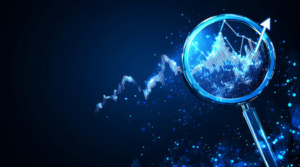 Poster - Blue magnifying glass with graph and arrow up, in a low poly style on a dark blue background for business analytics or analysis of data in a digital technology concept