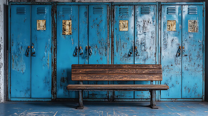 Aufkleber - Blue metal storage lockers with an accompanying wooden bench are situated in a locker area, with various doors in different states of open or closed