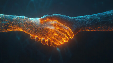 Fototapete - Glowing wireframe hands in digital handshake symbolizing trust and partnership