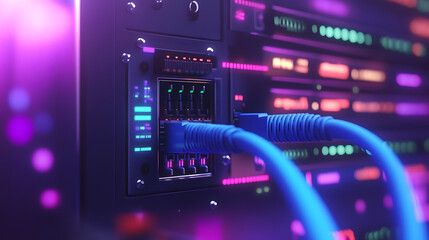 Fototapete - closeup of an internet cable being connected the end port on one side and a network switch with blue wires connected in between on top of it is a colorful display panel showing data flow