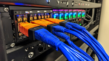 Leinwandbilder - closeup of an internet cable being connected the end port on one side and a network switch with blue wires connected in between on top of it is a colorful display panel showing data flow