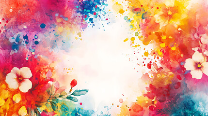 Poster - HELLO MAY, spring colorful watercolor floral background vector illustration with white space in the middle, beautiful flowers and splashes of color