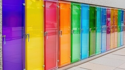 Wall Mural - Colorful glass doors in vibrant hues create a striking visual display, ideal for artistic and architectural inspiration.