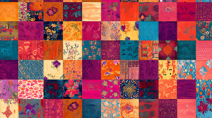 Fototapete - Colorful hand, drawn vector patchwork quilt pattern with Indian, Arabic, and Turkish motifs for fabric or paper