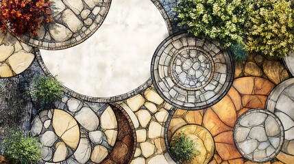 Fototapete - Hand, drawn architectural pattern with various textures in circles, For architectural layout and landscape design, an abstract tree top view is used