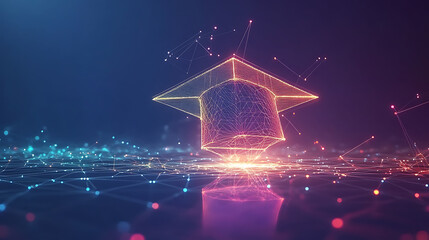 Aufkleber - Abstract digital art of an open graduation cap made from glowing lines and dots, floating above a network grid on a dark blue background, power to shape your future through education