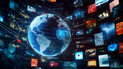 Aufkleber - Abstract global network concept with a blue glowing world map, data transfer and cyber technology background digital connections across the globe in abstract form