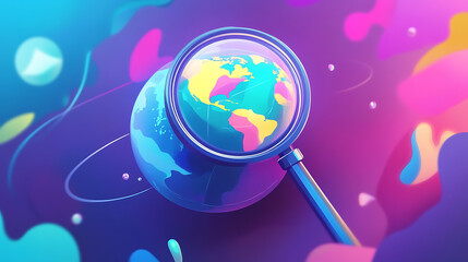 Poster - earth globe with magnifying glass searching for solutions global research and investigation concept illustration
