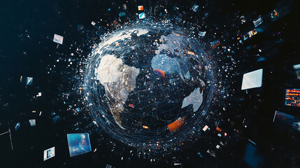 Poster - Abstract global network concept with a blue glowing world map, data transfer and cyber technology background digital connections across the globe in abstract form