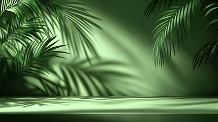 Aufkleber - Abstract green background with shadow of palm leaves on the wall, empty table for product presentation
