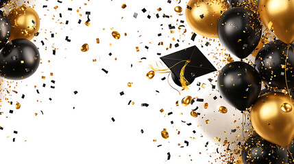 Aufkleber - Falling black and gold graduation caps background with confetti and balloons on white background