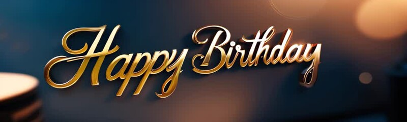 Luxury Happy Birthday text in metallic gold script against a deep blue background with warm light reflections, Website banner