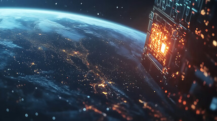 Poster - futuristic telecom communication satellite orbiting earth with holographic data for global connectivity