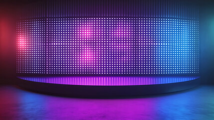 Poster - Authentic concave LED display for a wall or platform, Large TV display depicted in a vector illustration with neon blue and purple dot lights, Stadium digital scoreboard with diode lights