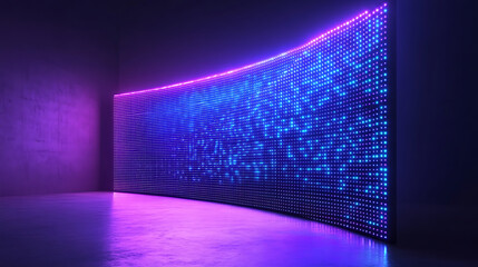 Poster - Authentic concave LED display for a wall or platform, Large TV display depicted in a vector illustration with neon blue and purple dot lights, Stadium digital scoreboard with diode lights