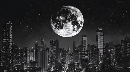 Sticker - Graphic comic style, deep perspective view of the black and white nighttime city skyline with a large moon