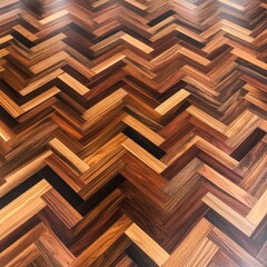 Closeup of a herringbone pattern hardwood floor made of various wood types with rich tones and textures.