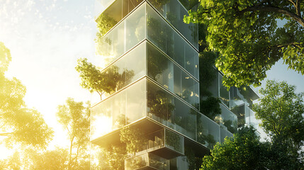 Aufkleber - Green glass building with sunlight and tree background, sustainable architecture concept