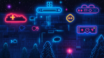 Leinwandbilder - Neon video game icon control game vector illustration, light banner