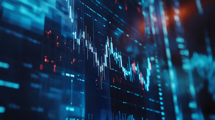 Leinwandbilder - Macro close, up of a stock market investment trading chart displayed in blue, analyzing data with candlestick graphs