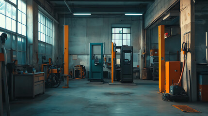 Poster - Empty workshop with a lift in a car repair station