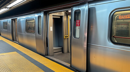 Poster - Photo of an open door on the side of a subway train at a New York City station