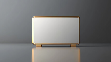 Poster - Nameplate left blank, table card holder, Vector realistic mock, up of a nameplate isolated on a gray background with a steel and gold frame and a gold and metal stand for the identity tag of an event