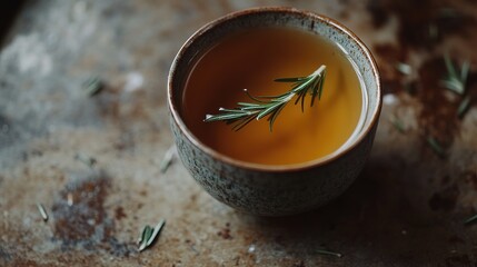 Close-up of a cup of warm tea with a sprig of rosemary floating on top, sitting on a rustic surface with small rosemary leaves scattered around