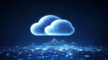 The image depicts cloud and edge computing with cybersecurity, It shows a large cloud icon above a central white cloud against a polygon connection code backdrop on a dark blue background