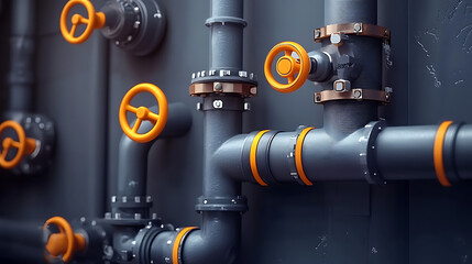 Leinwandbilder - Realistic piping system, fittings, and a pipe with a ball valve, Industrial faucet for sewage, gas, oil, and water pipelines, Plumbing pressure technology in construction, 3d vector illustration