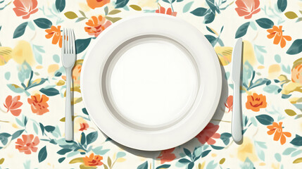 Fototapete - Top view of an empty round white plate with a colored background set on a tablecloth for food, Plate empty onto napkin, leaving room for your artwork