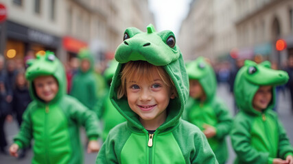 Cute children in alligator costumes