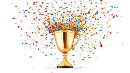 Poster - Trophy cup, Sport award, shining golden cup, falling confetti, champion trophy, Champions realistic vector celebration winning concept, winner prize, isolated white background