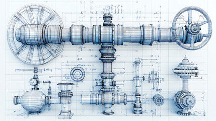 Fototapete - Various industrial equipment, including valves, 3D rendered in vector format, wire, frame design, There are distinct layers for visible and invisible lines, Orthography