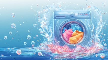 Poster - Washing machine or detergent with floating clothes under water with bubbles and wet splashes