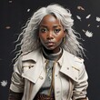Portret nowoczesnej, modnie ubranej kobiety, Afroamerykanki. Odcienie bieli i szarości