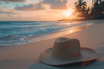 Aufkleber - A straw hat lies on soft sand as gentle waves lap the shore, illuminated by the warm glow of a sunrise over the ocean. Generative AI