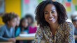 © Bijac - smiling african american female teacher confidently leading a classroom, surrounded by engaged students, showcasing enthusiasm and positivity in education
