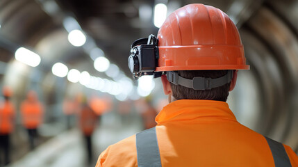 Wall Mural - Construction Worker in Tunnel with Safety Helmet and Camera