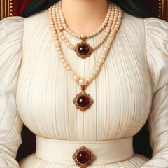 Close-up of a woman wearing a white dress with a pearl necklace and three ruby pendants.